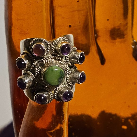 Vintage Chrysocolla & Amethyst Ring - Picture 4 of 8